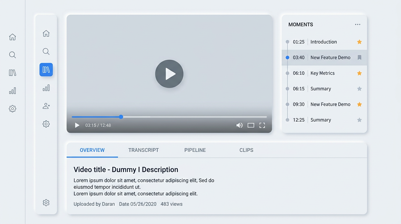 Vision AI video detail page with inline player, moments sidebar, and Overview, Transcript, Pipeline, and Clips tabs
